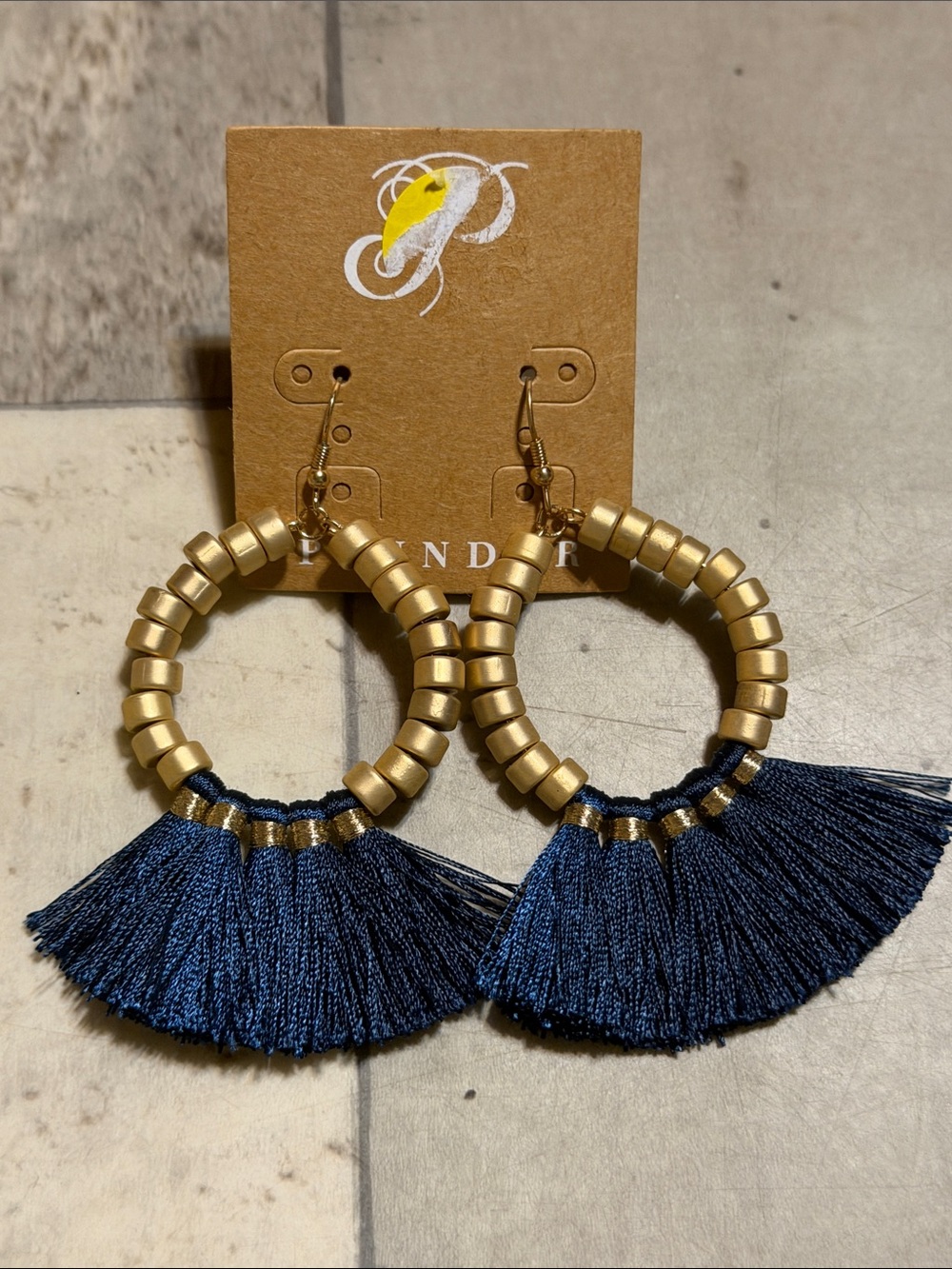 Plunder Gold Beaded Hoop Earrings with Navy Tassels